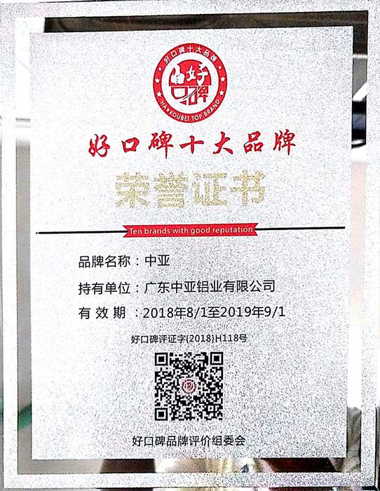 工業鋁型材定制開模榮譽證書-好口碑十大品牌